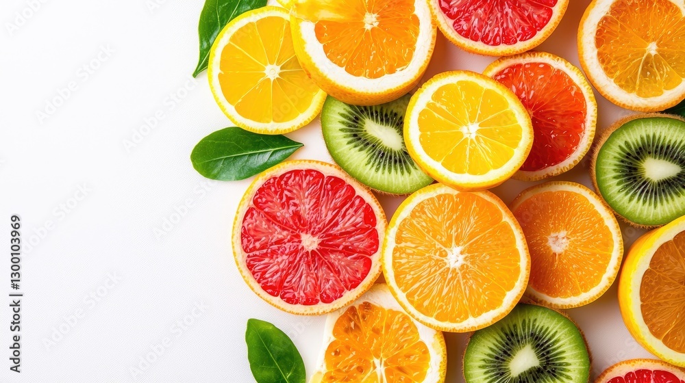 Citrus fruit slices, kiwi, leaves, white background, healthy food, recipe Citrus fruit slices, kiwi, leaves, white background, healthy food, recipe