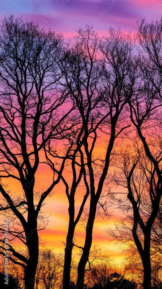 Enchanting Sunset Silhouettes Amidst Bare Tree Branches in Vibrant Twilight Skies Enchanting Sunset Silhouettes Amidst Bare Tree Branches in Vibrant Twilight Skies