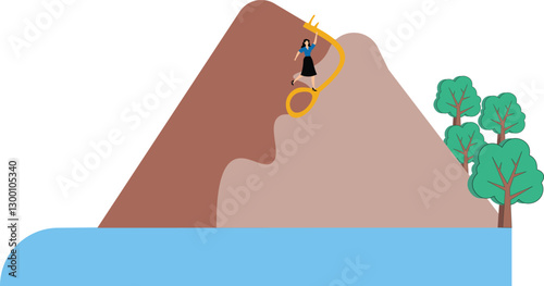 Businesswoman running fast along big Sign Key bridge to cross over the cliff to get to the goal, key precipice in mountains