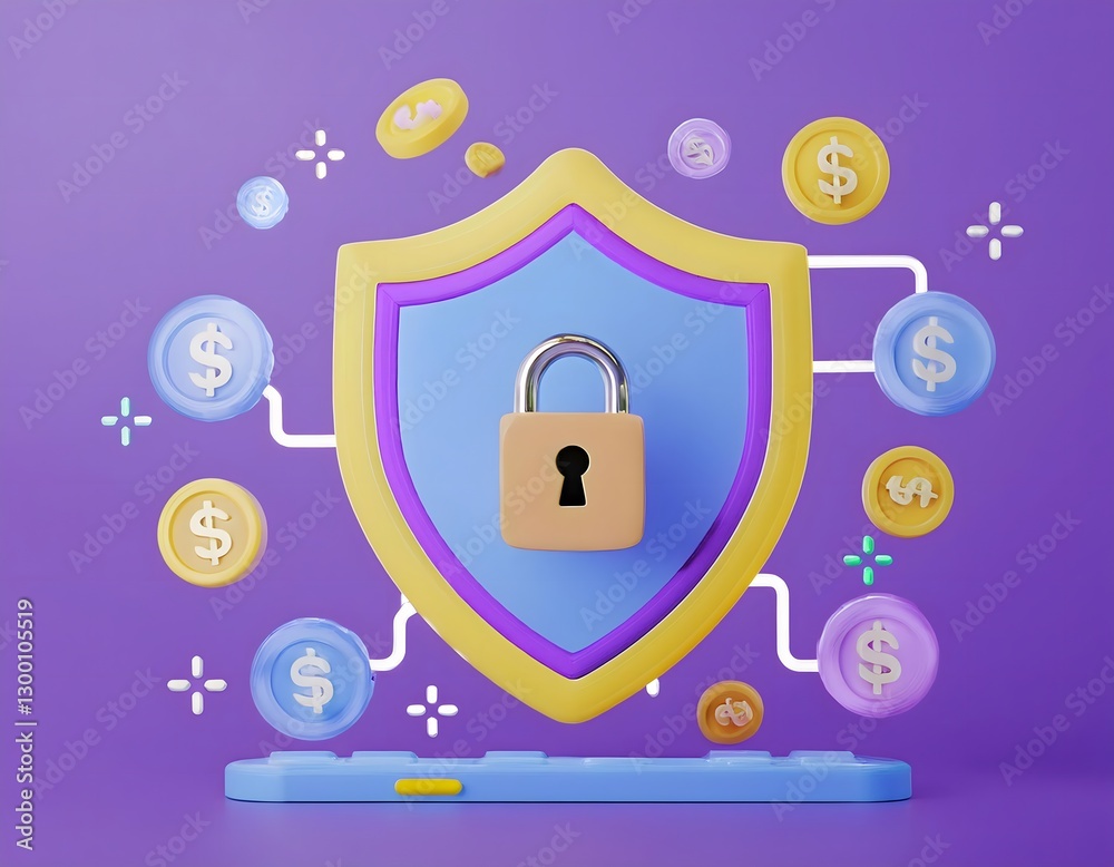 Financial inclusion, economy and technology : 3D icon of Cybersecurity in finance, AI-driven fraud prevention, digital economy. Financial inclusion, economy and technology : 3D icon of Cybersecurity in finance, AI-driven fraud prevention, digital economy.