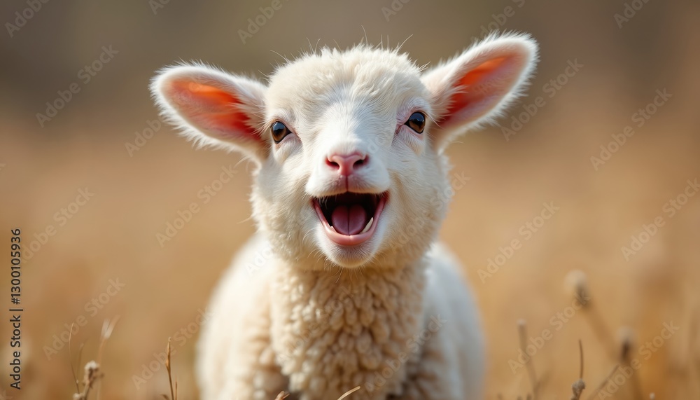 Obraz premium Candid close-up of lovable lamb with mouth open, laughing or bleating in earthy nature background. Adorable farm baby animal, symbol of spring, innocence, joy, happiness.