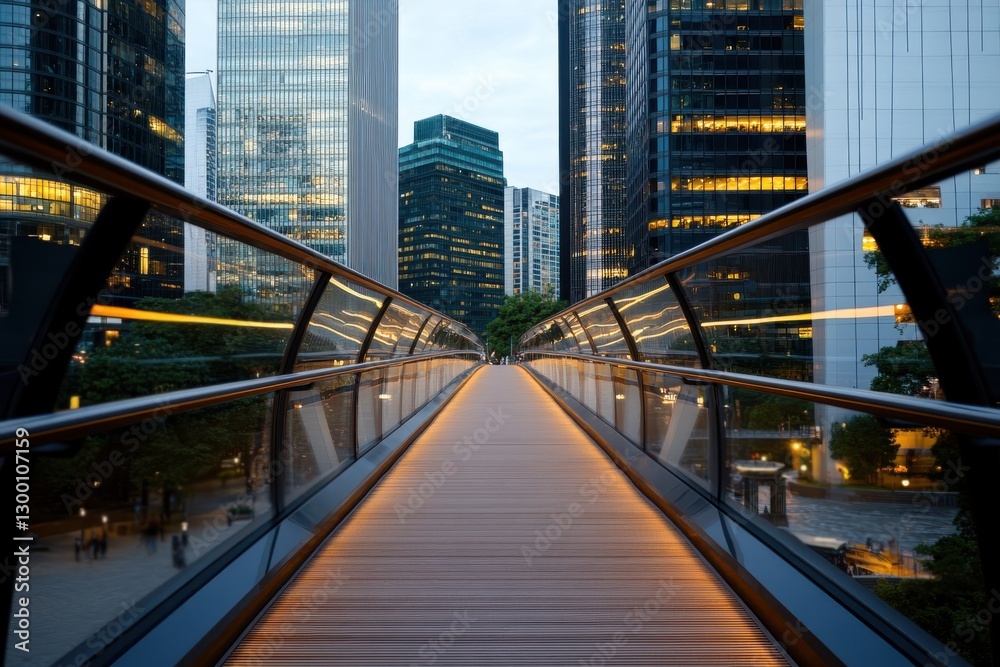 Fototapeta premium A stunning bridge connects two modern skyscrapers, embodying architectural elegance and innovation in a bustling city environment during twilight.