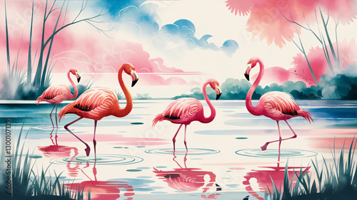 Pink Flamingos in Tranquil Lake - Watercolor Wildlife Illustration