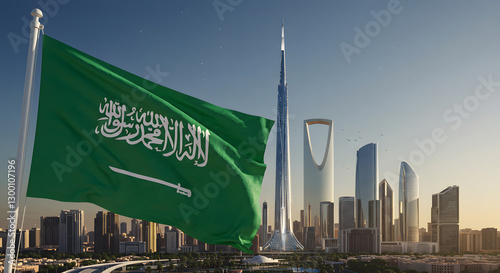 Saudi Flag with Modern Architecture