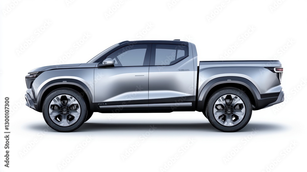 Silver Modern Pickup Truck Side Profile on White Background Silver Modern Pickup Truck Side Profile on White Background