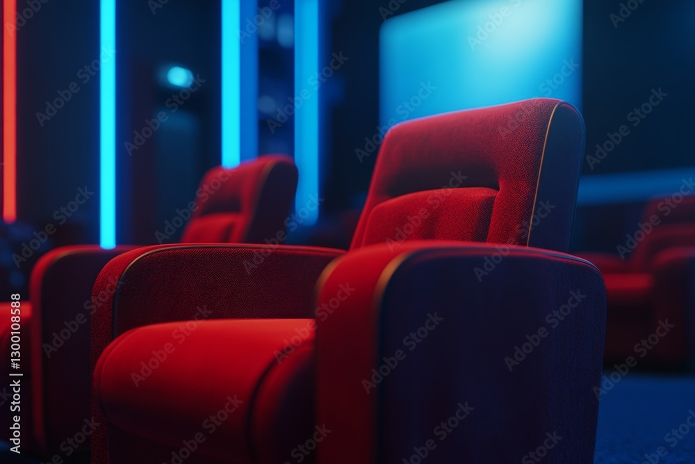 Red cinema seats, neon lights, movie theater, screen, entertainment Red cinema seats, neon lights, movie theater, screen, entertainment