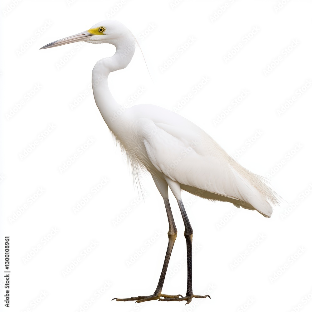 Naklejka premium White Egret Bird on White Background Detailed Profile View