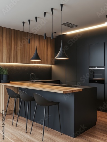 A modern kitchen featuring stylish pendant lights and chairs photo
