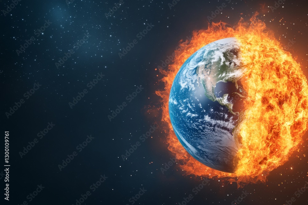 A minimalist digital representation of Earth, half covered in flames and half in lush green A minimalist digital representation of Earth, half covered in flames and half in lush green