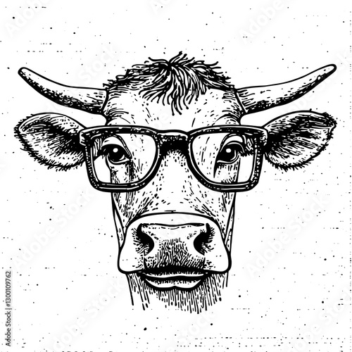 Cow wearing glasses with a thoughtful expression and quirky hairstyle giving a humorous touch to farm life