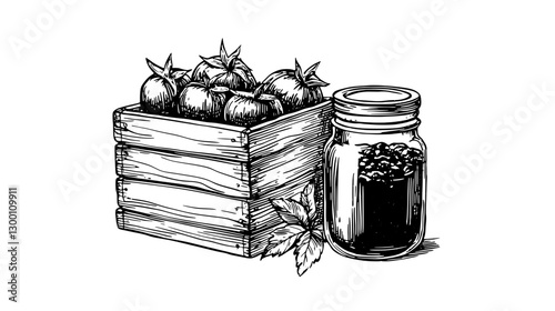 Freshly harvested tomatoes and aromatic herbs in a rustic wooden crate and glass jar