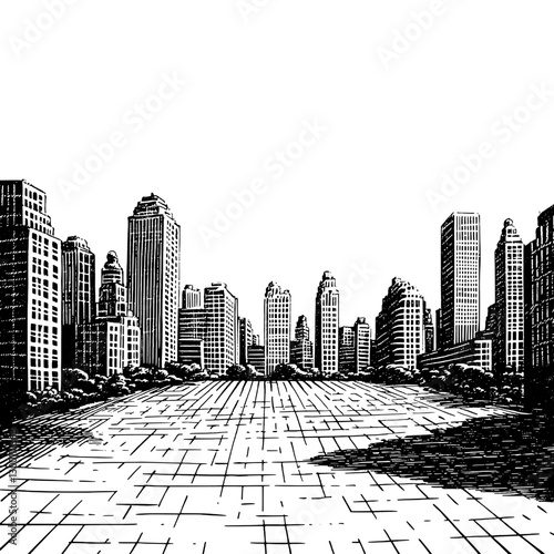 Urban skyline showcases towering buildings under a clear sky in a city landscape