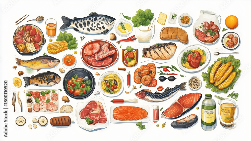 Food set. Collection of various meal, fish and meat.