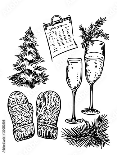 Winter celebration elements featuring a Christmas tree, mittens, glasses, and a calendar