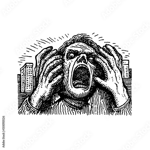 Person expressing anguish in an urban environment during the day while surrounded by buildings