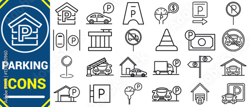 Car parking icon set. Parking and traffic signs . Public parking vector icon for car, taxi, bus, scooter, truck and bicycle . Public parking and  location symbol. No car parking sign. Parking space.