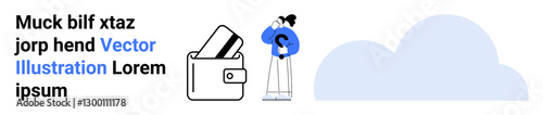 Individual standing, thinking, holding a large question mark near a wallet with cards, accompanied by a large cloud and placeholder text. Ideal for finance, decision-making, cloud storage, online