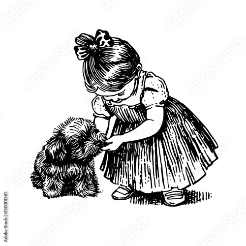 Little girl feeding a puppy in a garden on a sunny afternoon