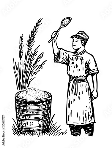 Young worker sifting grains in a rustic setting with a wooden container and tall grass background