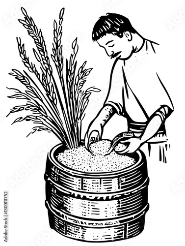 Person harvesting grain and processing it in a wooden barrel at a rural farm setting