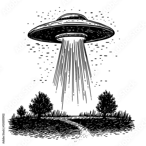 UFO descends over a rural landscape, illuminating the ground with bright beams at dusk