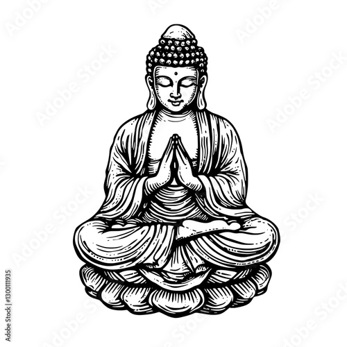 Buddha statue in meditative pose with hands in prayer position surrounded by lotus petals