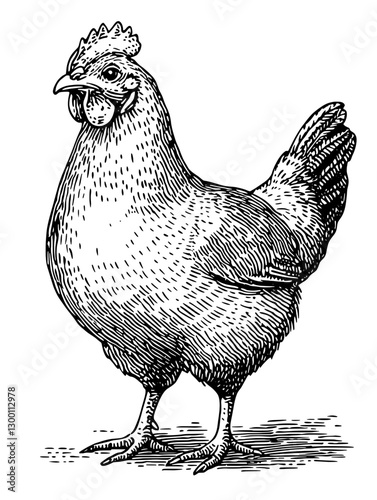 Vintage illustration of a detailed domestic chicken standing upright in a natural pose