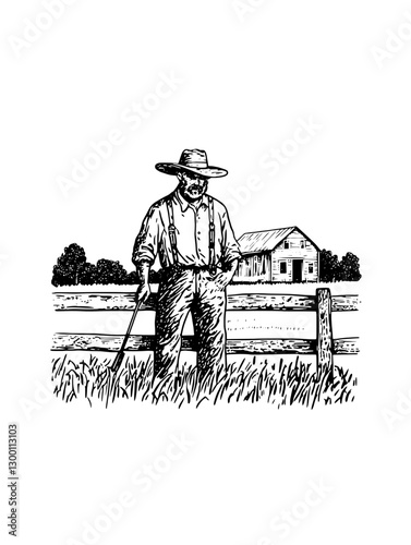 Farmer tending to fields near barn during a sunny day in rural countryside setting