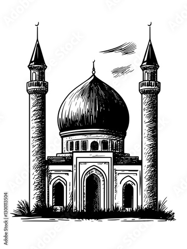 Elegant structure features a dome and minarets, showcasing traditional architecture in a serene environment