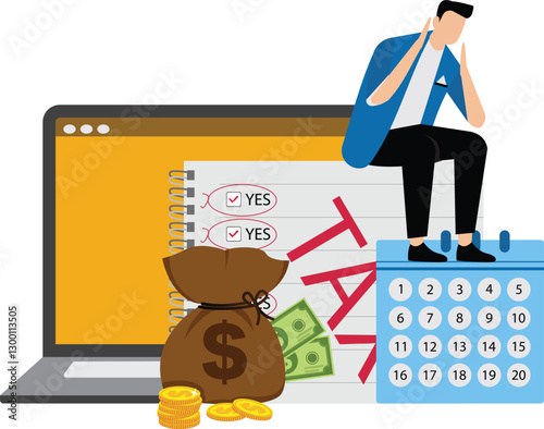Tax online payment on computer laptop, income tax calculation deadline, refund or revenue paperwork, financial duty concept, businessman on tax calculation payment with calendar date computer laptop