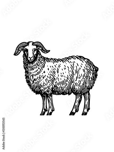 Detailed illustration of a sheep with prominent horns standing on a plain background