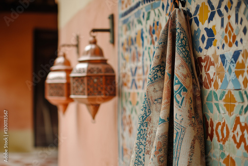 Moroccan djellaba cloak draped over a terracotta wall, with blurred geometric tiles and copper lanterns setting the ambiance.
