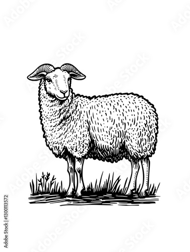 Sheep standing in a grassy field, showcasing fine wool and peaceful demeanor in a rustic landscape setting