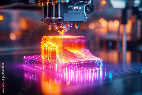 Real-time 3D printing process with digital wireframe model and light trails illustrating print head movement layer by layer photo