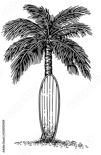 Creative depiction of a palm tree intertwined with a surfboard in a unique artistic style