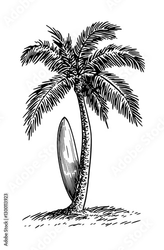 Surfboard resting against a palm tree on a sunny beach inviting relaxation and adventure