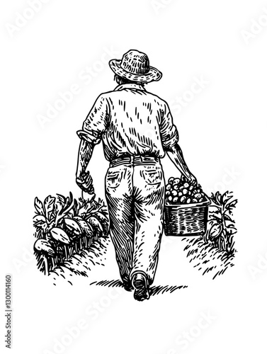 Harvesting fruits in a rural setting during the day with a farmer carrying a basket