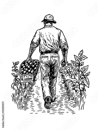 Farmer harvesting fruit in a sunny field while carrying a basket down the row