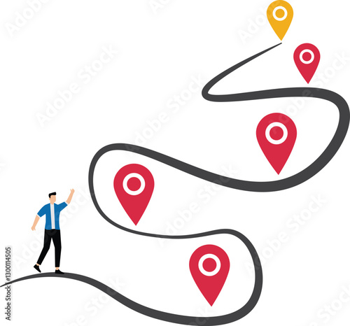 Success roadmap journey, milestone or career path achievement, route or pathway to achieve goals, accomplishment, assessment or way to success, businessman look at achievement milestone to success