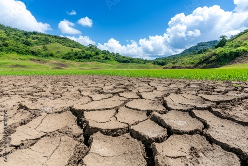 A parched landscape next to a lush green area, highlighting the impact of rising temperatures
