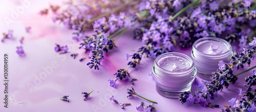 Lavender infused face cosmetics in glass jars amidst blooming purple flowers on a soft gradient background ideal for beauty and wellness promotion