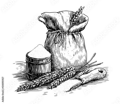 Wheat and sugar bag with scooper and stalks displayed on a rustic wooden surface in a minimalistic design