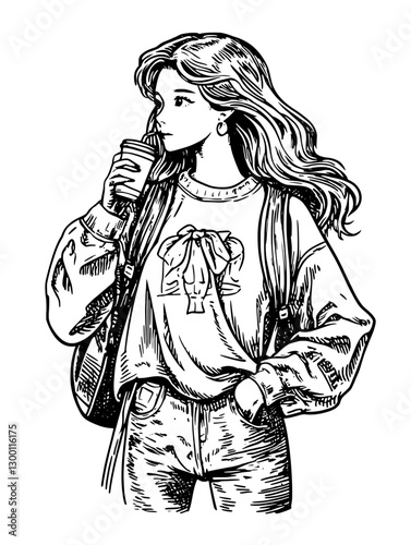 Young woman enjoying coffee while wearing casual outfit and backpack on a city street during a sunny day