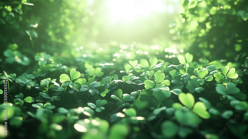 A serene, sunlit scene featuring several bright green shamrock leaves emerging from a bed of clover, with a soft, diffused light creating a dreamy, ethereal atmosphere. A serene, sunlit scene featuring several bright green shamrock leaves emerging from a bed of clover, with a soft, diffused light creating a dreamy, ethereal atmosphere.