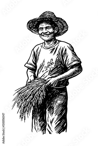 Farmer smiling while harvesting in a rural landscape during daylight hours