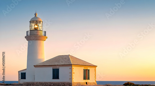 White Lighthouse at Coastline with Golden Sunset Sky and Tranquil Ocean View