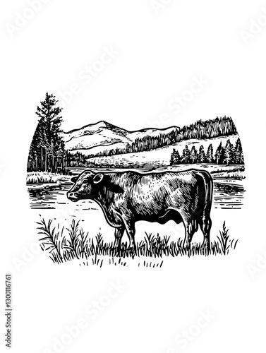 Cow standing by a serene lake surrounded by mountains and trees during a clear day in a rural landscape
