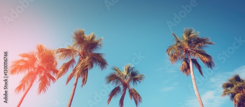 Flawless palm trees with vibrant green fronds against a deep blue sky with soft pink hues in the lower corners creating an inviting copy space.