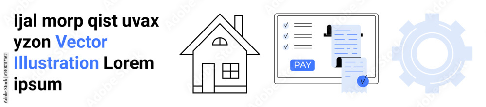 House icon, checklist form with payment receipt on screen, and gear representing technology. Ideal for real estate, automation, finance, online services, property management, digital workflow House icon, checklist form with payment receipt on screen, and gear representing technology. Ideal for real estate, automation, finance, online services, property management, digital workflow