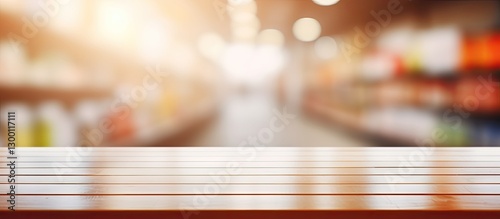 Supermarket shelf with wooden table in foreground blurred bokeh background showcasing colorful product shelves in warm soft lighting